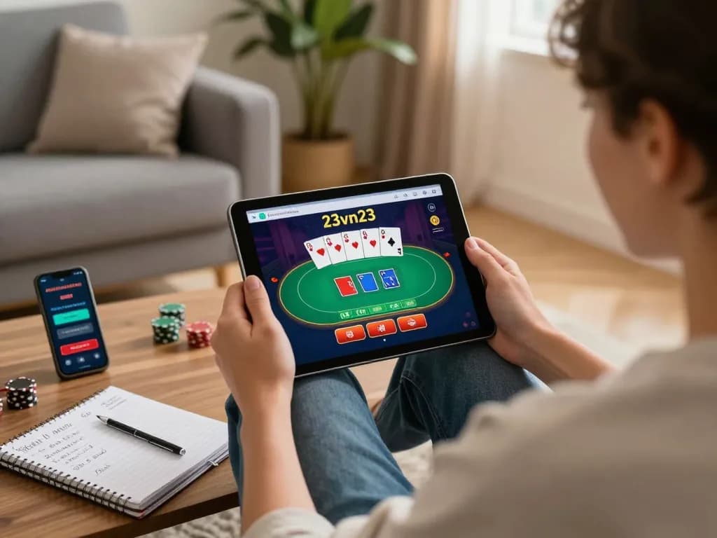 Engaging in poker gameplay on 23vn23 online casino app in a cozy home setting.