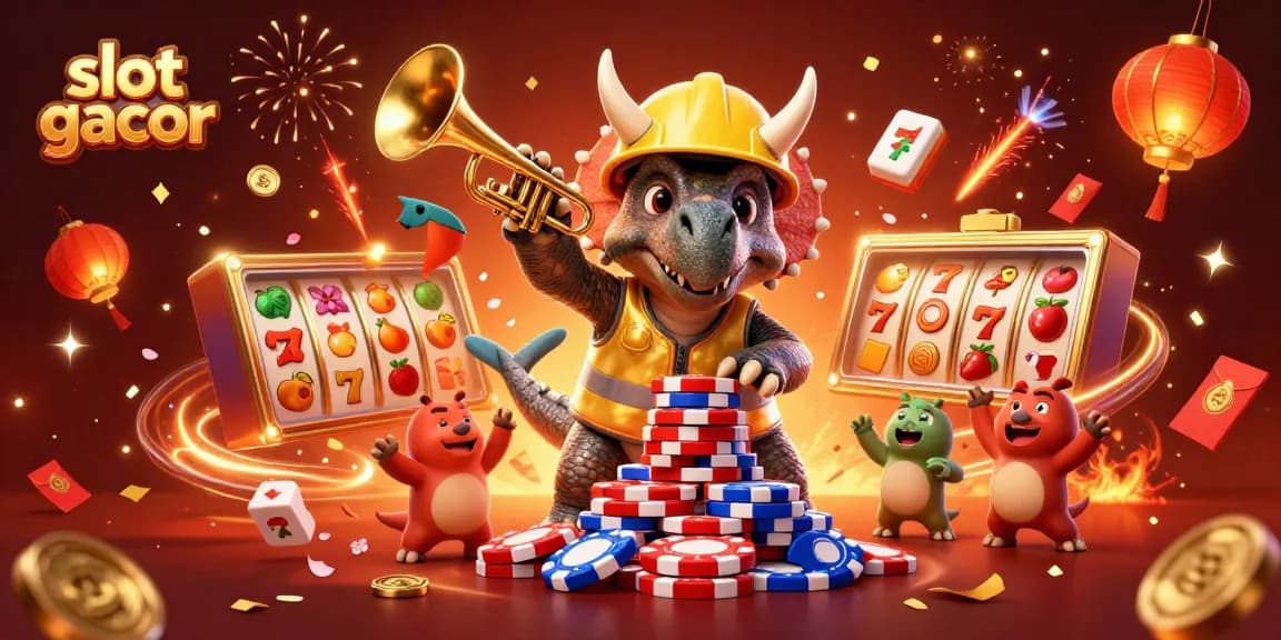 Slot gacor menampilkan ilustrasi 3D di kasino dengan simbol slot dan karakter berbahagia.