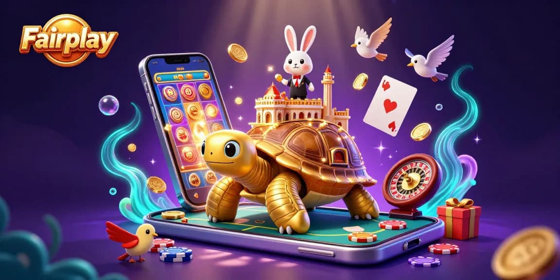 Experience Fairplay with a vibrant gaming scene featuring a golden tortoise, rabbit dealer, and dynamic casino elements.