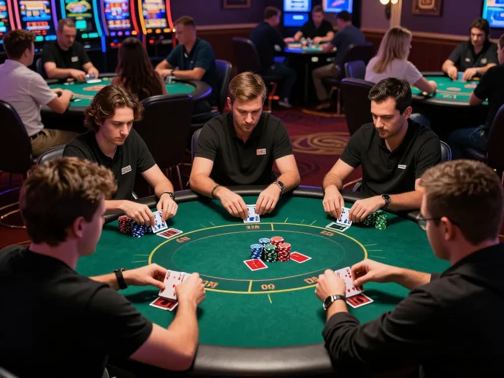 Players engaging in strategic poker gameplay at OKFUN casino, showcasing a vibrant atmosphere with competitive energy.