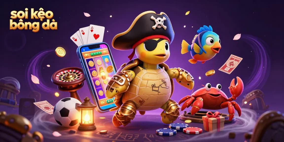Soi kèo bóng đá scene featuring a 3D pirate turtle, crab, and parrotfish with sports betting elements and vibrant casino imagery.