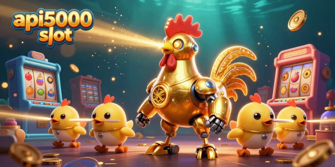 Mengguncang jackpot di api5000 slot dengan robot ayam emas futuristik dan drone anak ayam.