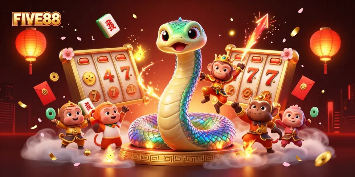 Experience the thrilling spin of FIVE88's 3D slots amidst magical lights and colorful characters.