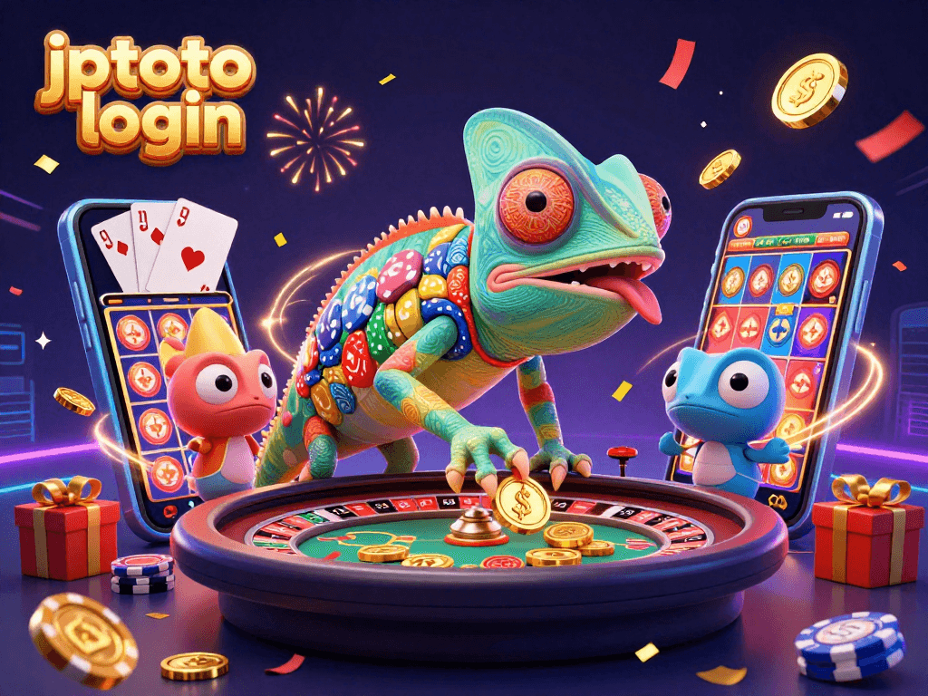 Experience the thrill of gambling with jptoto login, featuring a vibrant chameleon casino owner and dynamic game elements.