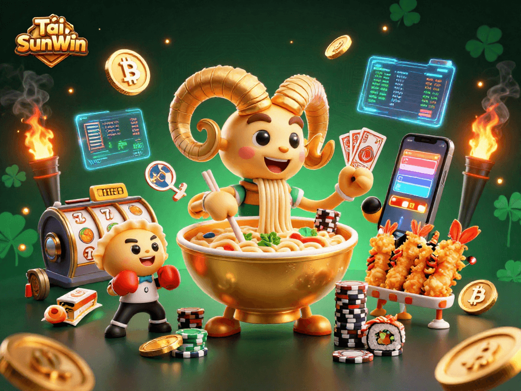 Tải SunWin showcases animated giant ramen bowl dealer stacking chips and cards in a vibrant casino scene.