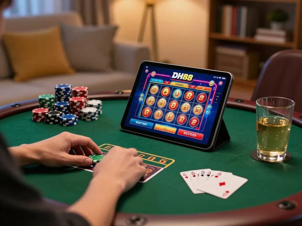 User enjoying the DH88 casino app on a tablet while engaging in a lively online gambling session.