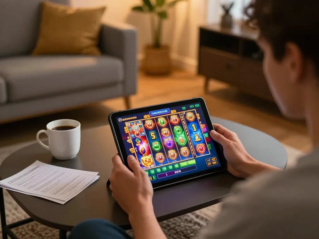 Engage in thrilling gameplay at situs gacor with vibrant slot machine graphics on a tablet, cozy home atmosphere.