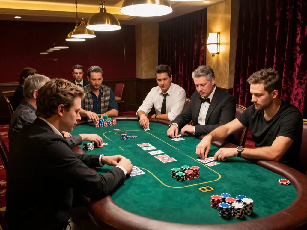Players engage in a z16 poker game at a luxurious casino table with vibrant chips and focused strategy.