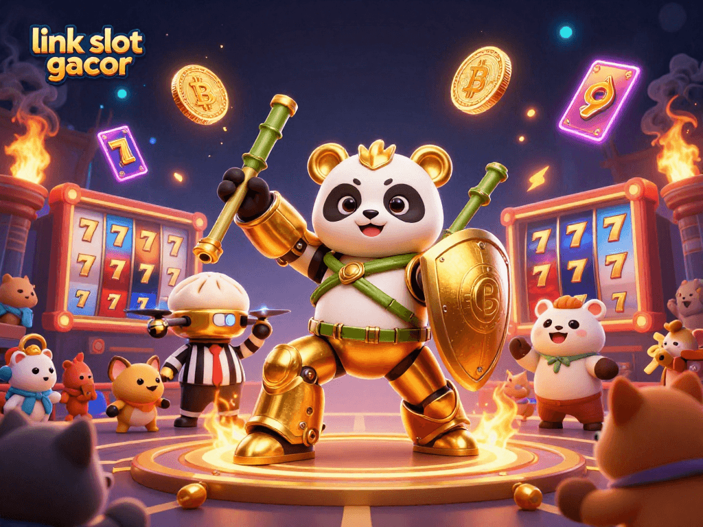 Spin the luckiest link slot gacor with a golden panda mech-suit in a vibrant casino scene.