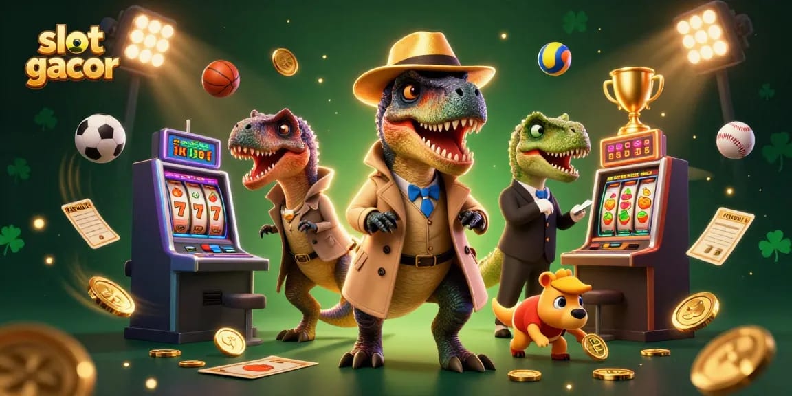Slot gacor menampilkan velociraptor menghitung kartu di mesin slot dengan pit boss stegosaurus mencurigai tindakannya.