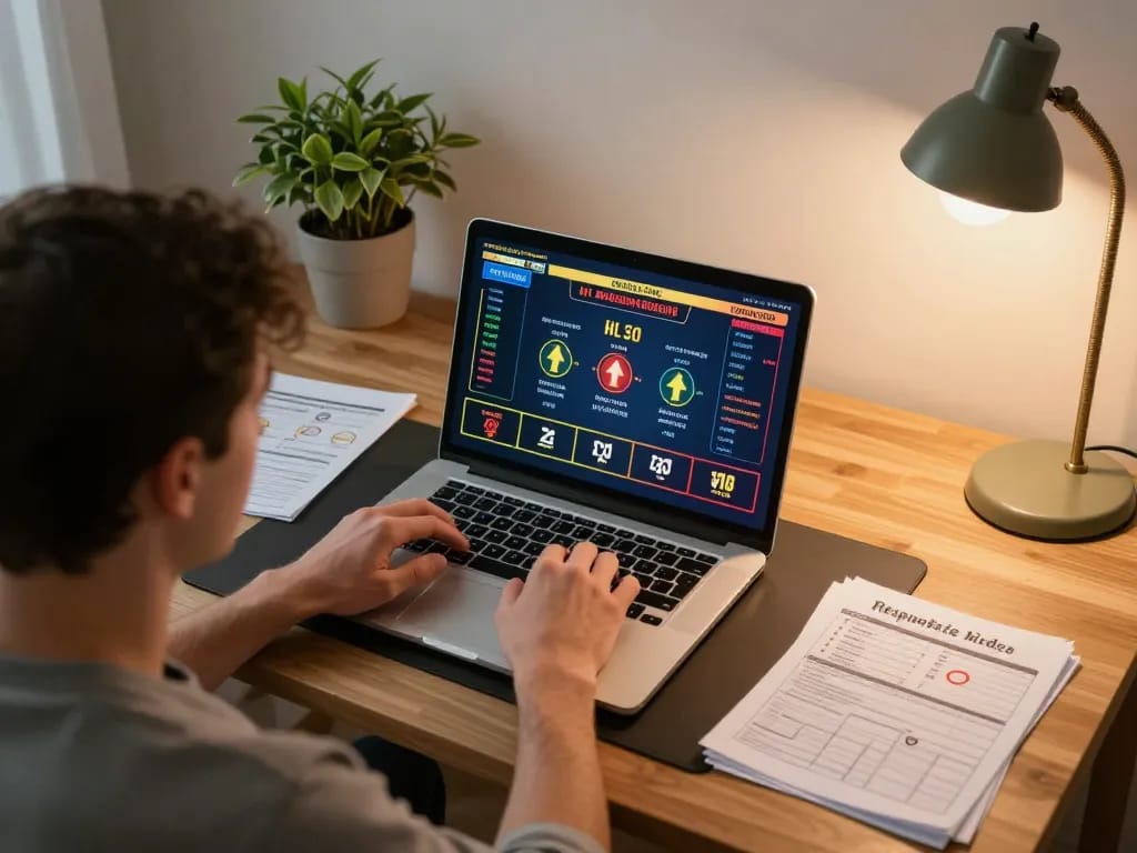 Pemain yang terlibat menggunakan aplikasi Ulat123 untuk perjudian online, dikelilingi oleh catatan strategi dan laptop.