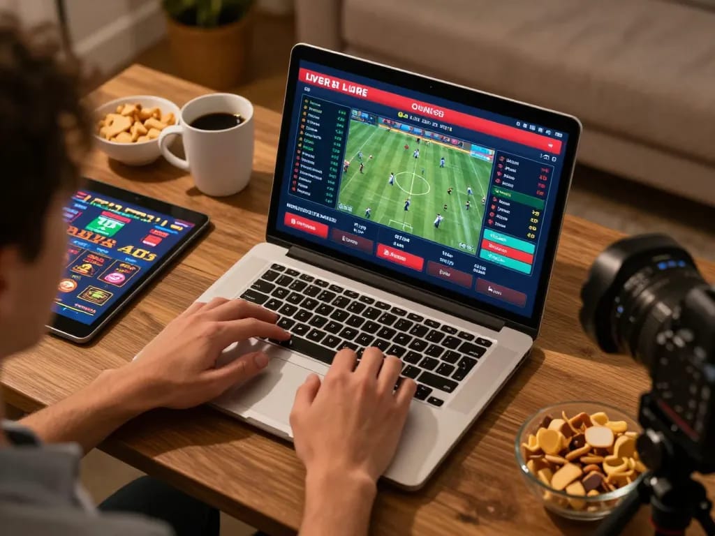 Engaging sports betting session at home with sg777, showing live odds on a laptop and tablet.