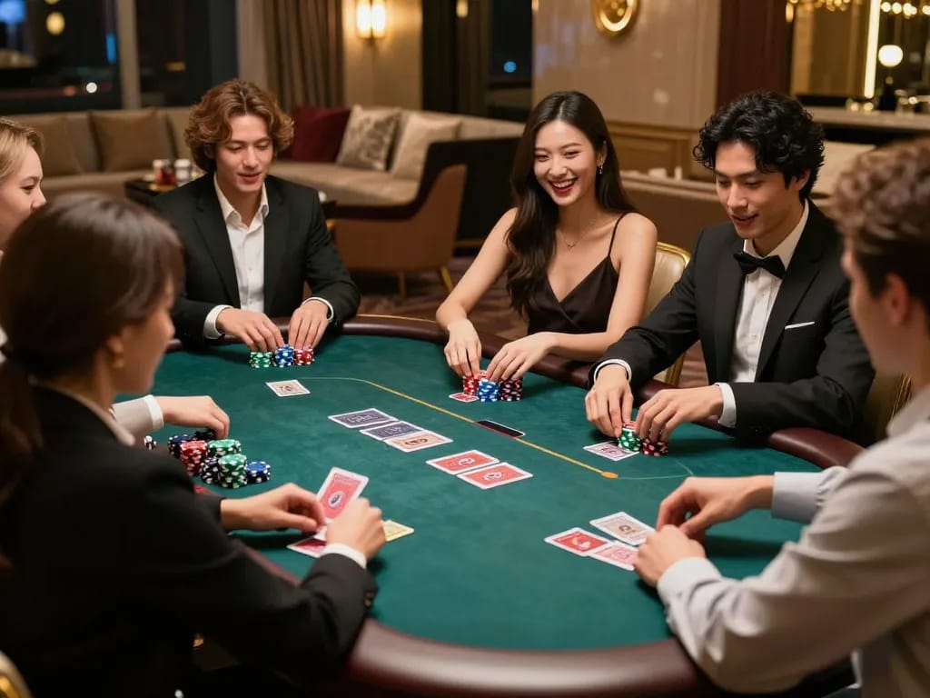 Friends enjoying a strategic poker game at go8 casino, vibrant atmosphere and colorful chips.