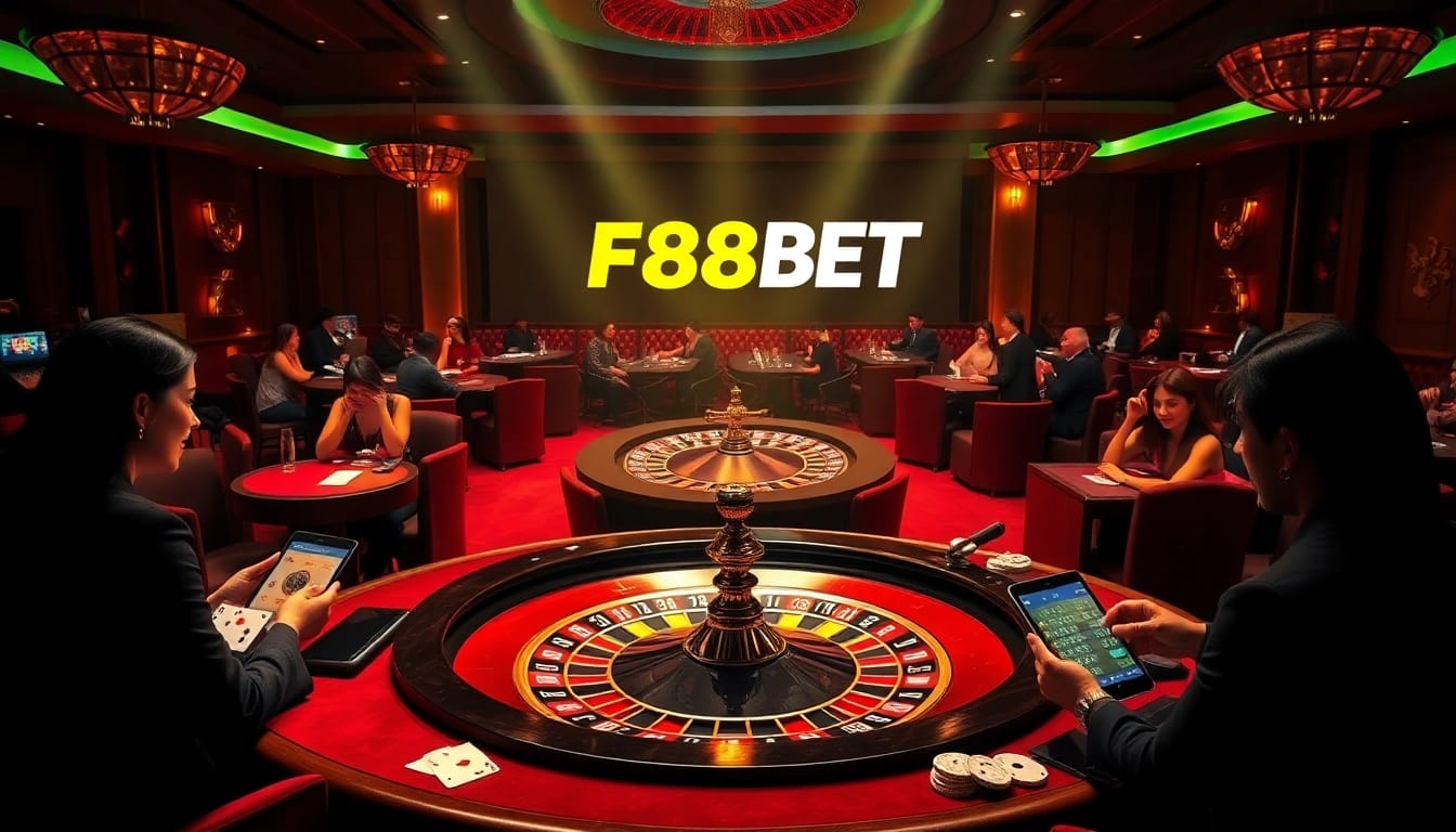 Players enjoying exciting games at a luxurious casino with F88BET branding, showcasing poker chips and roulette.