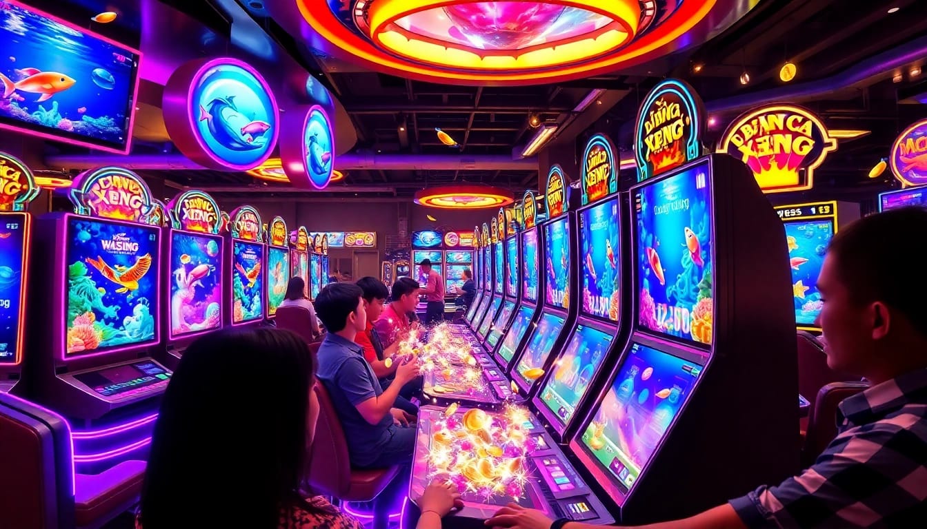 Bắn Cá Xèng game engagement scene with players winning and underwater graphics.