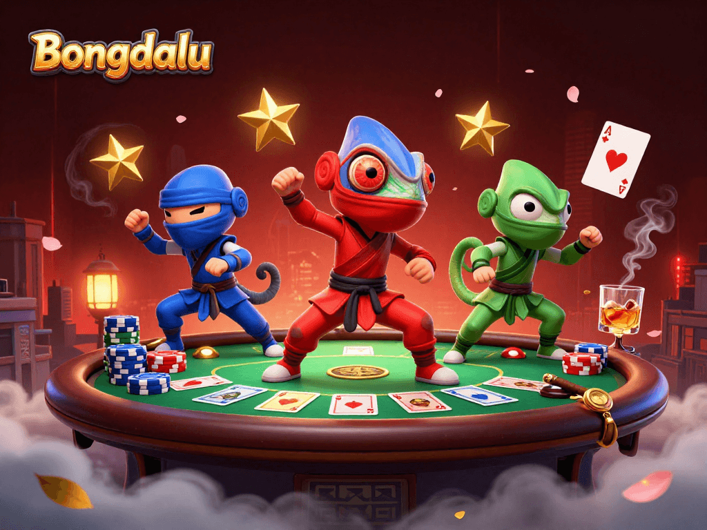 Bongdalu showcases a vibrant scene of ninja chameleons performing casino-themed martial arts.