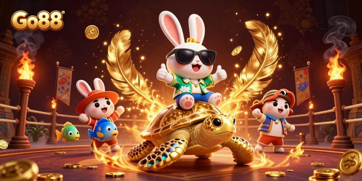 Engage with Go88's vibrant gaming experience featuring a lucky rabbit and golden turtle.