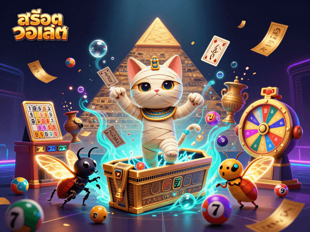 Engage with สล็อตวอเลท in this vibrant and dynamic casino scene featuring an Egyptian mummy cat and lively game elements.