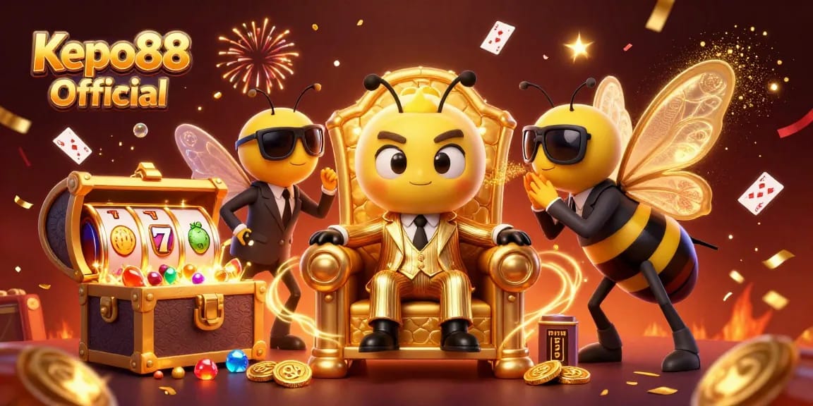 Engage with the thrill of Kepo88 Official amidst a vibrant 3D casino scene bursting with excitement and winning symbols.