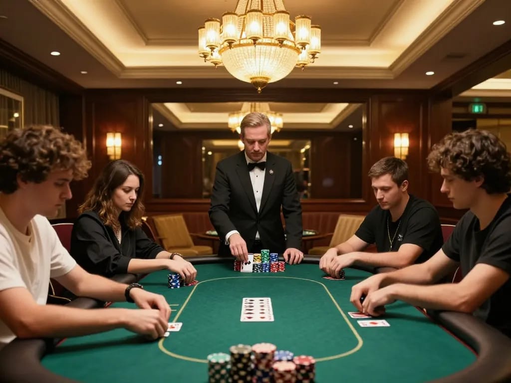Active poker game at SC88 casino with intense players and luxurious setting
