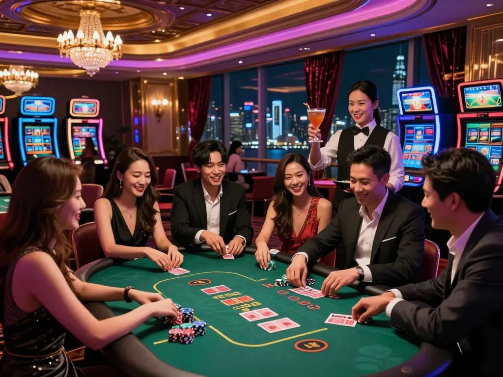 Breathtaking casino hong kong scene with friends enjoying poker amidst vibrant nightlife.