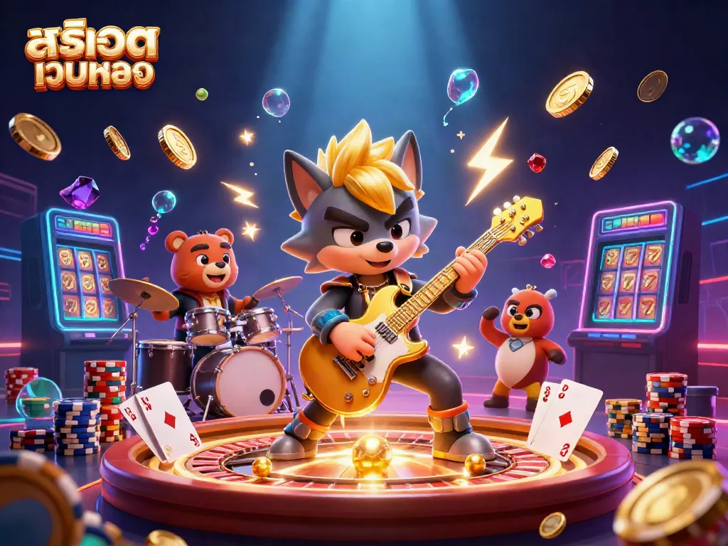 Experience the thrill of สล็อตเว็บตรง with dynamic golden coins and characters in a vibrant casino scene.