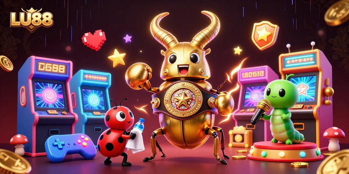 LU88 showcases a colorful 3D casino scene with a boxing stag beetle and vibrant gaming elements.