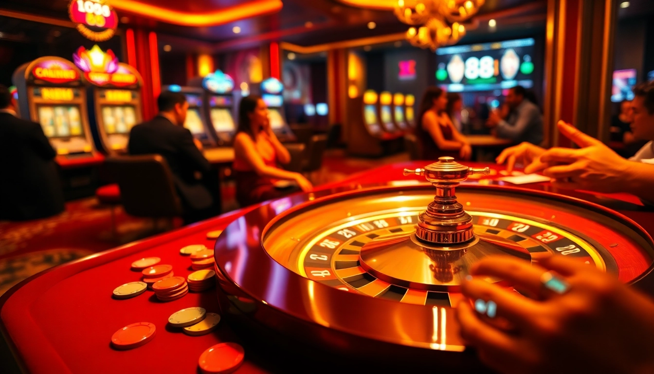 Experience the excitement of 88i with players engaged in thrilling casino games, surrounded by vibrant colors.