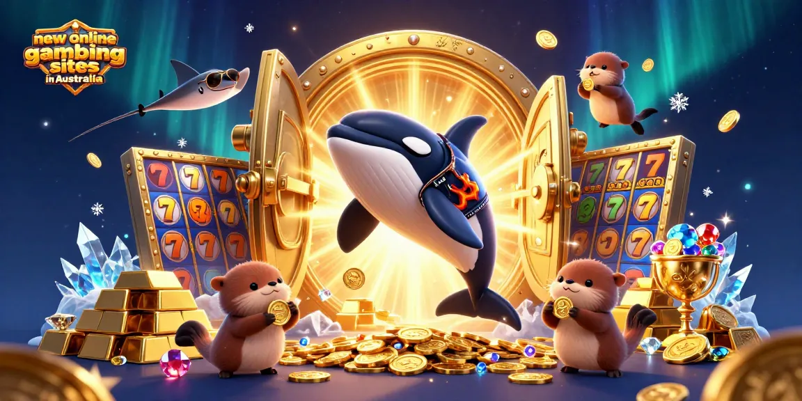 Explore new online gambling sites in Australia with a vibrant 3D casino scene featuring fun marine characters.