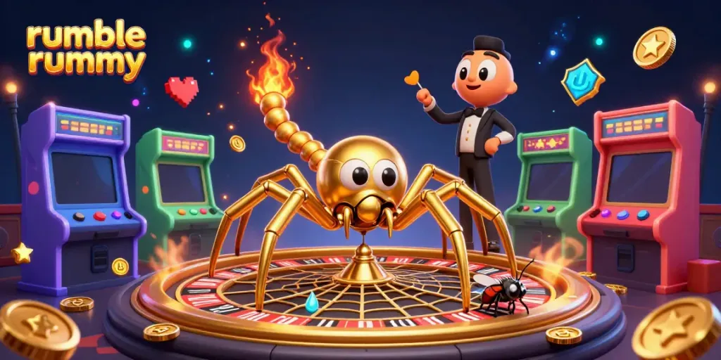Catch the excitement of rumble rummy with a golden spider spinning a roulette wheel web as playful characters surround it.