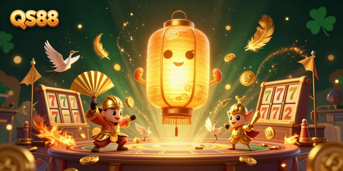 Engage with QS88's vibrant casino art, showcasing a glowing lantern spirit and dynamic characters amidst a thrilling online betting scene.