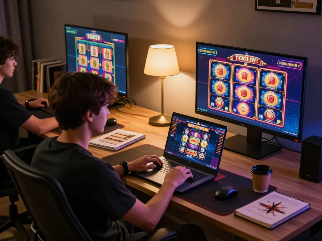 Engaging in togel online with an inviting home gaming setup featuring a player on a laptop.