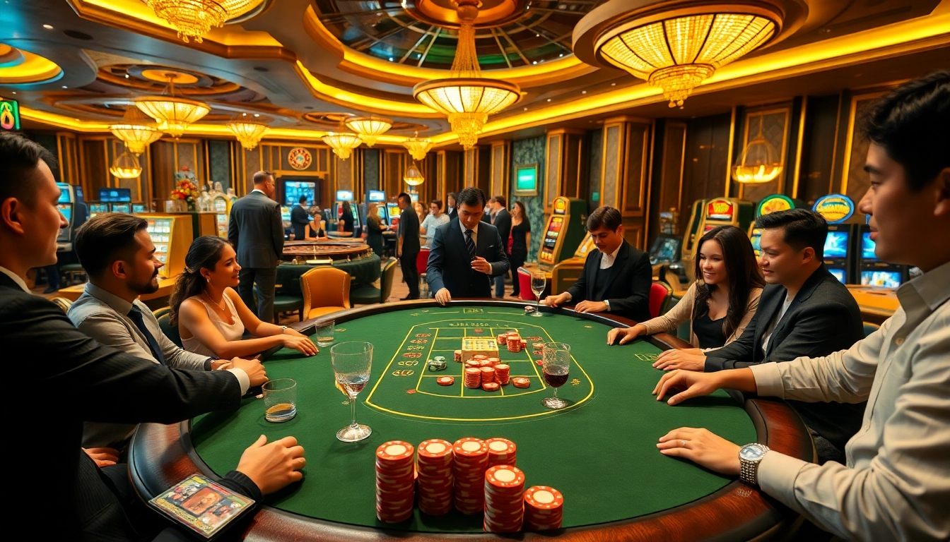 Players engaged in a high-stakes poker game at HM88 casino, showcasing excitement and luxury.