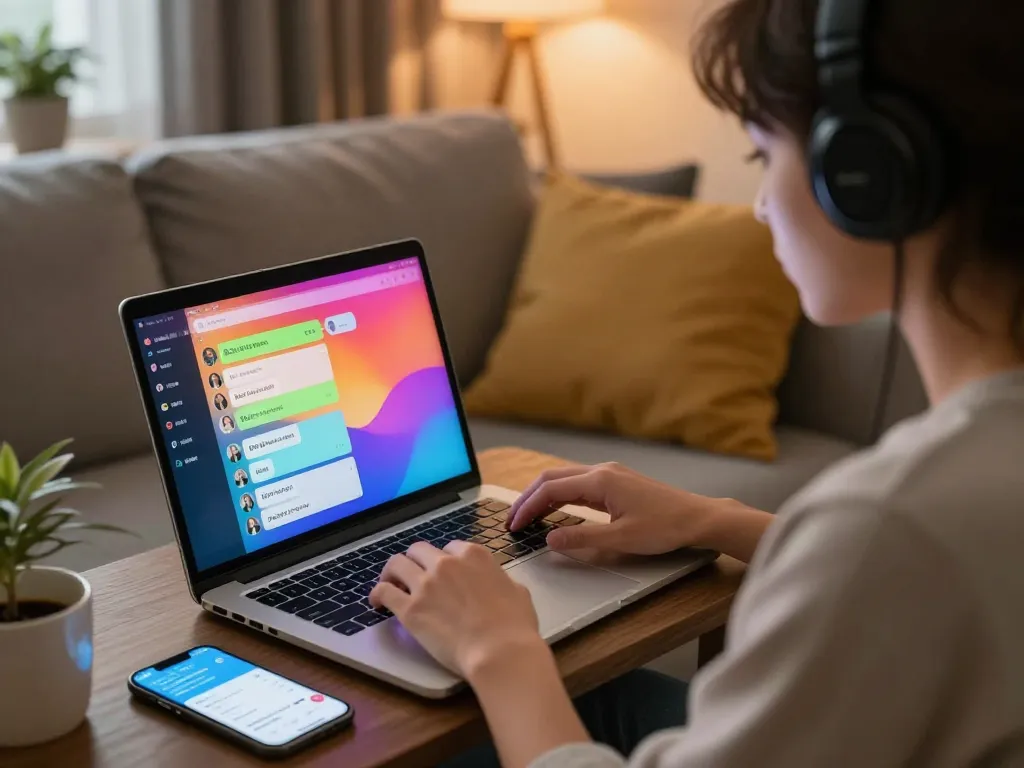 Engaging in a sex chat ai experience on a laptop in a cozy setting with colorful lighting.