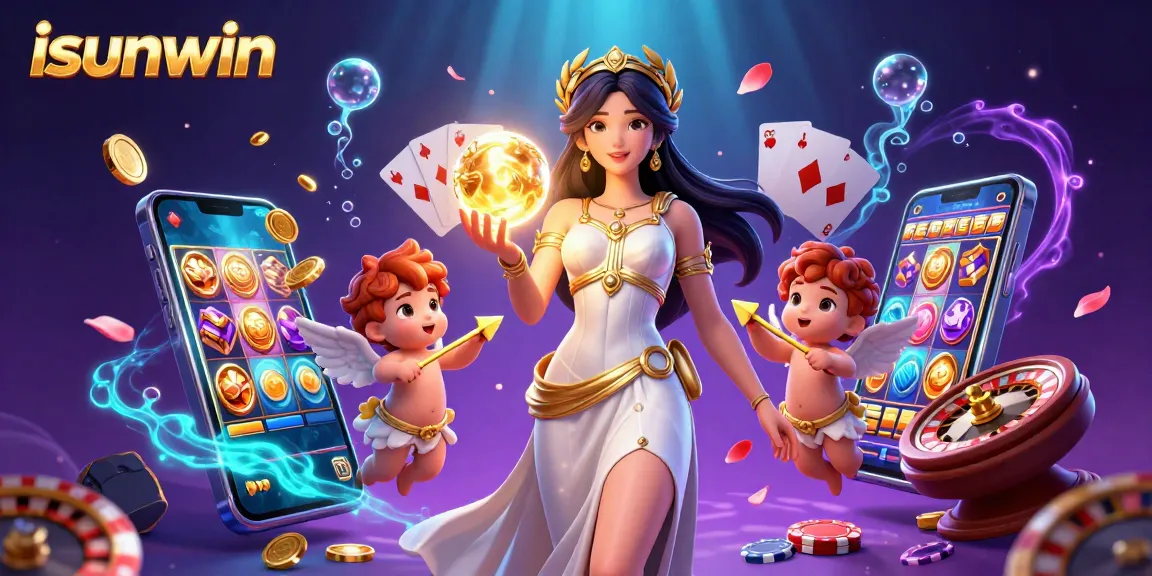 Experience winning with isunwin in this vibrant 3D casino illustration featuring gaming excitement with slots and rewards.
