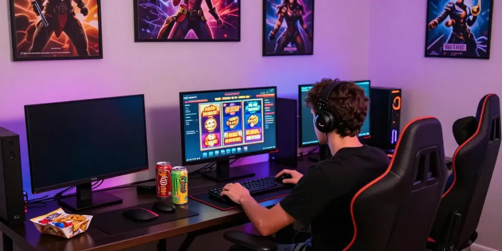Engaged gamer enjoying SLOT GACOR games at a vibrant home setup.