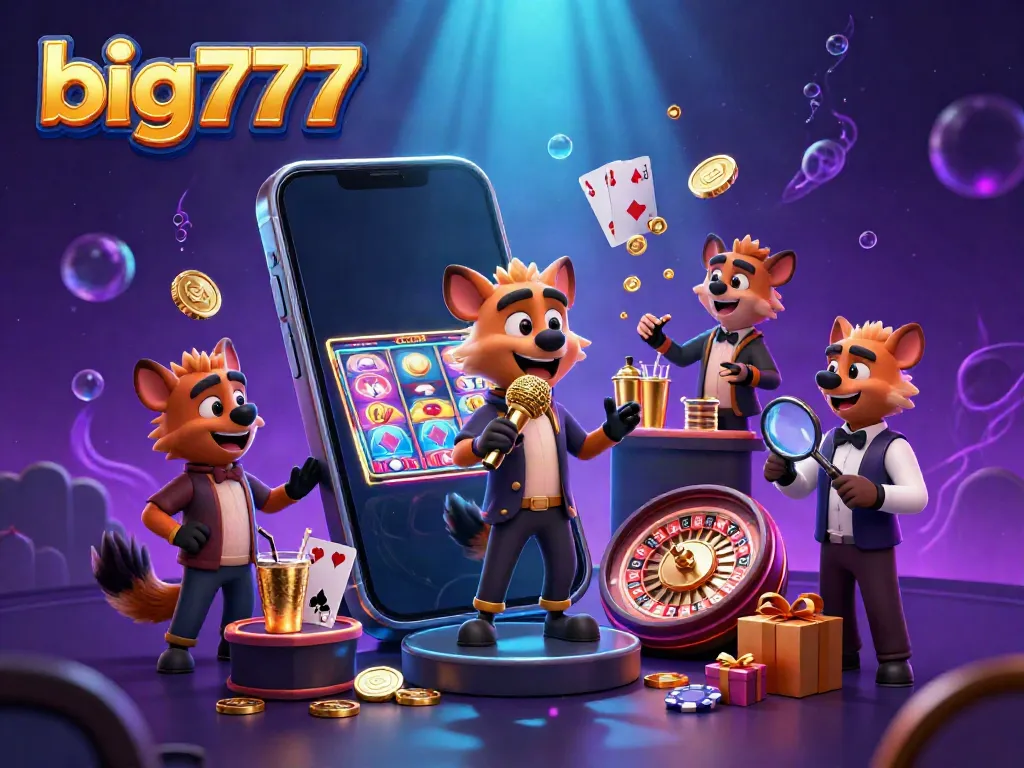 Experience excitement with big777 as hyenas run a lively casino, showcasing slot games and golden coins.