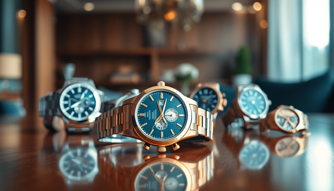 Admire the intricate design of premium replica watches displayed elegantly on a polished surface.