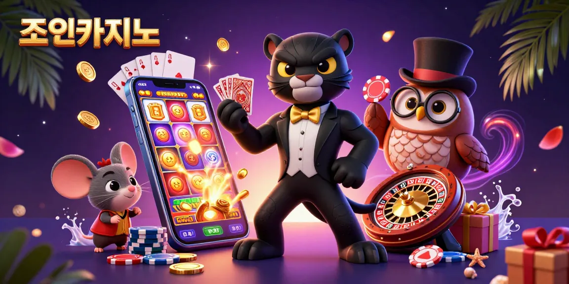 Experience the thrilling atmosphere at 조이카지노 with poker and vibrant slot games in a dynamic 3D digital illustration.