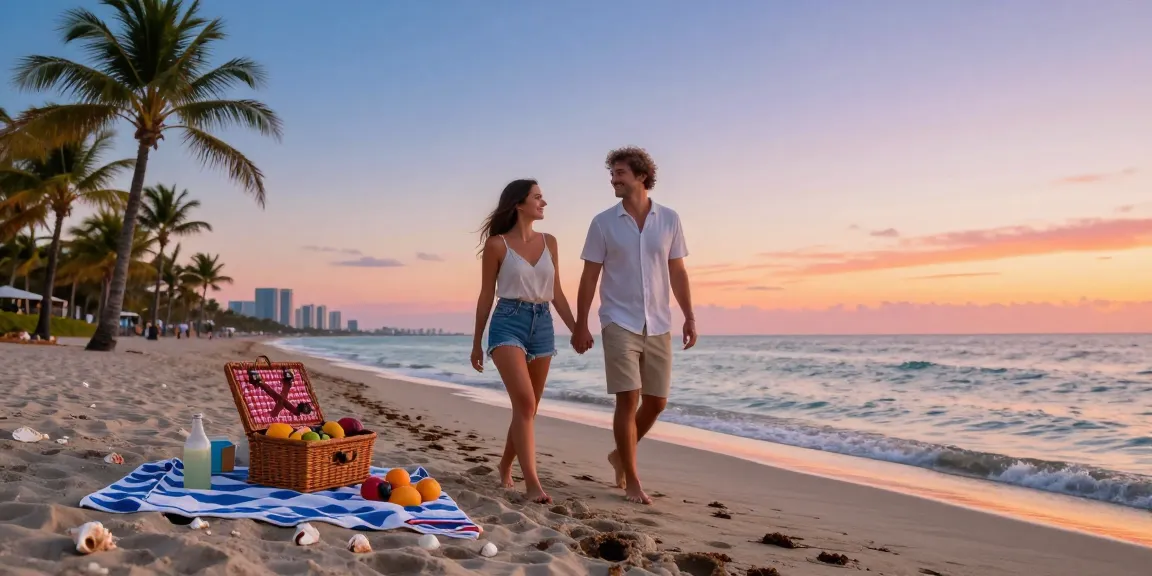 Pemandangan pantai Miami dengan pasangan berjalan di tepi laut, menikmati suasana pagi yang tenang di https://miami4d.com/.