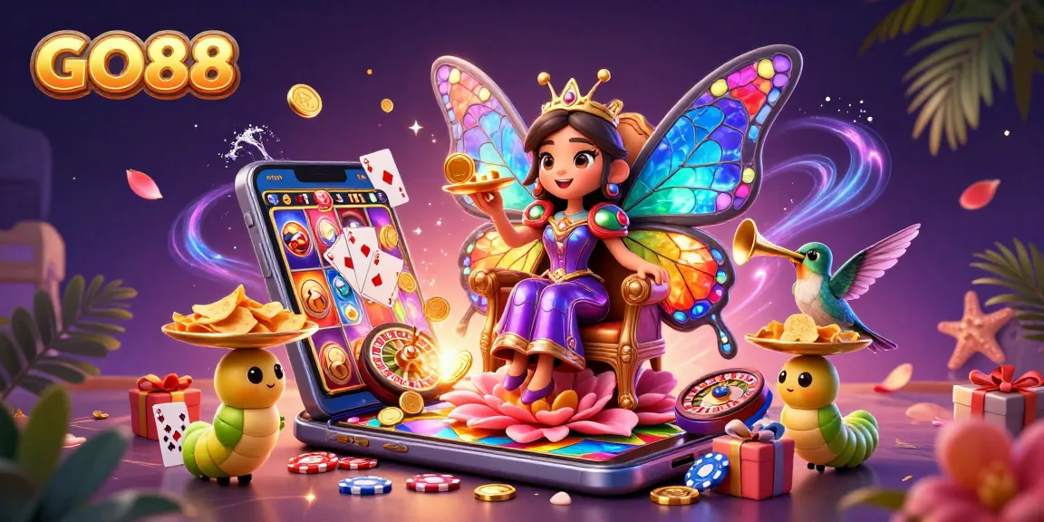Experience the excitement of GO88 with vibrant slot games and dynamic casino elements in a whimsical 3D illustration.