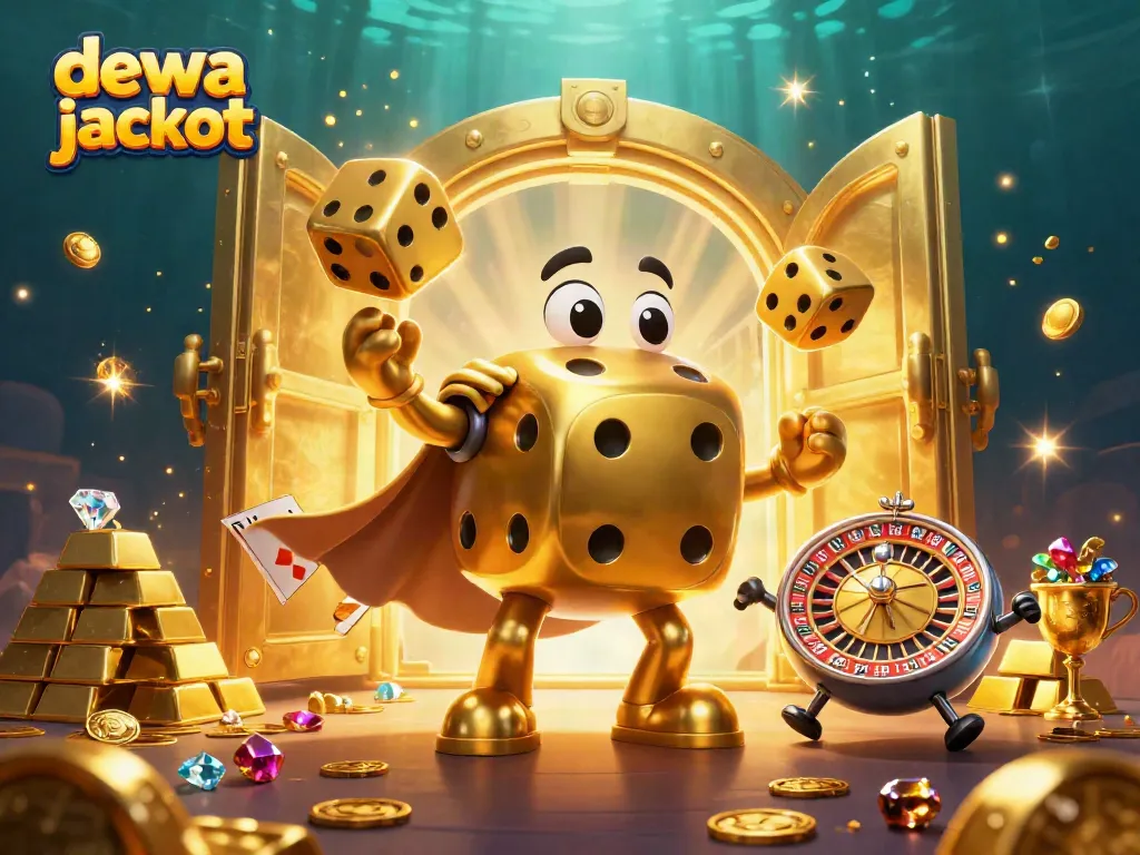 Mengguncang dewa jackpot, ilustrasi kasino dengan dadu emas dan harta karun mengelilingi