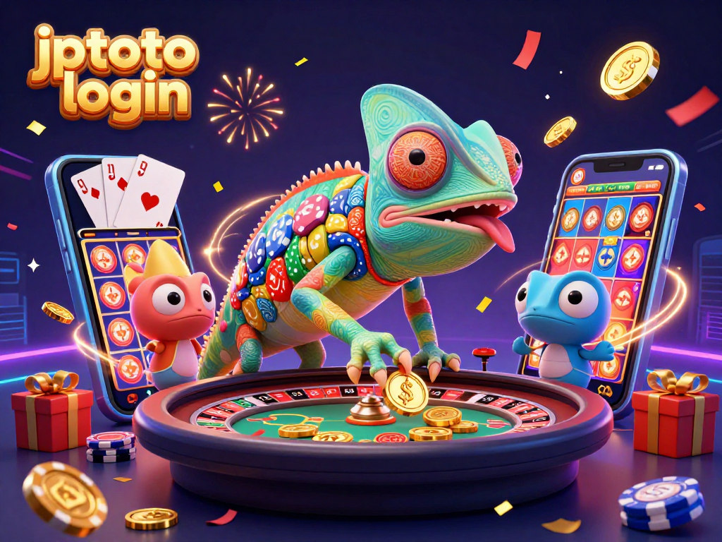 Experience the thrill of gambling with jptoto login, featuring a vibrant chameleon casino owner and dynamic game elements.