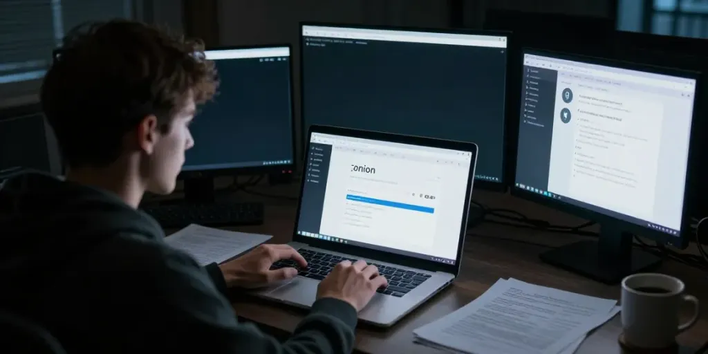 Person exploring the hidden wiki dark web on a laptop in a dimly lit room with multiple screens reflecting Tor network activity.