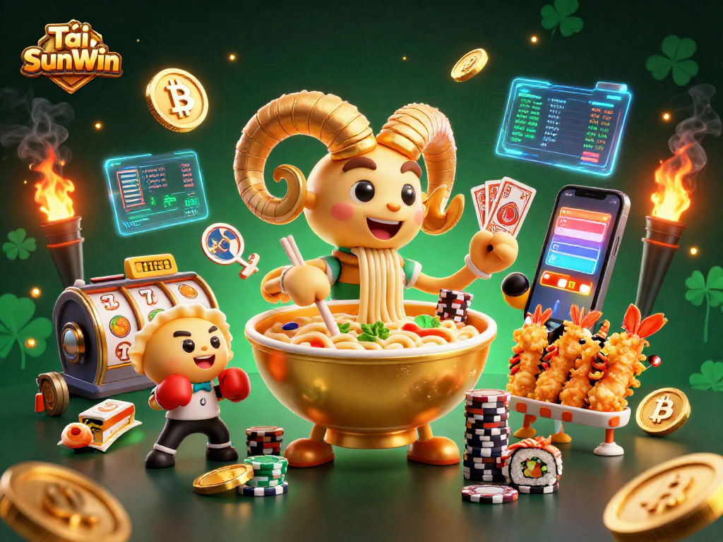 Tải SunWin showcases animated giant ramen bowl dealer stacking chips and cards in a vibrant casino scene.