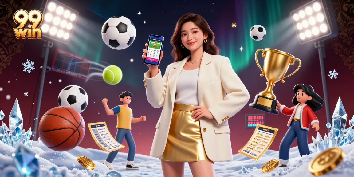 Experience thrilling 99 win sports betting represented by a dynamic scene of a joyful Asian woman holding a smartphone.