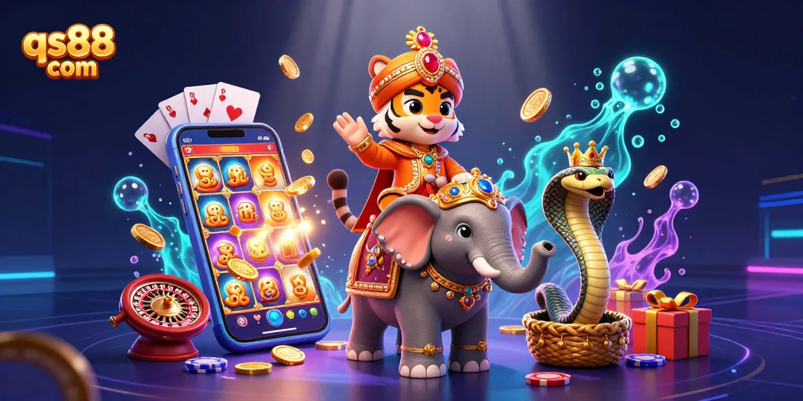 Spin and win on qs88 com with vibrant 3D scene featuring a regal maharaja and immersive casino elements.