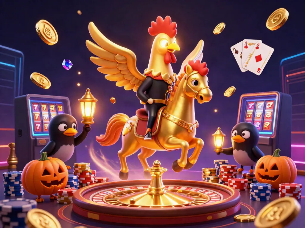 Experience the thrill of laskar togel with a vibrant casino scene featuring golden coins, lights, and playful characters.