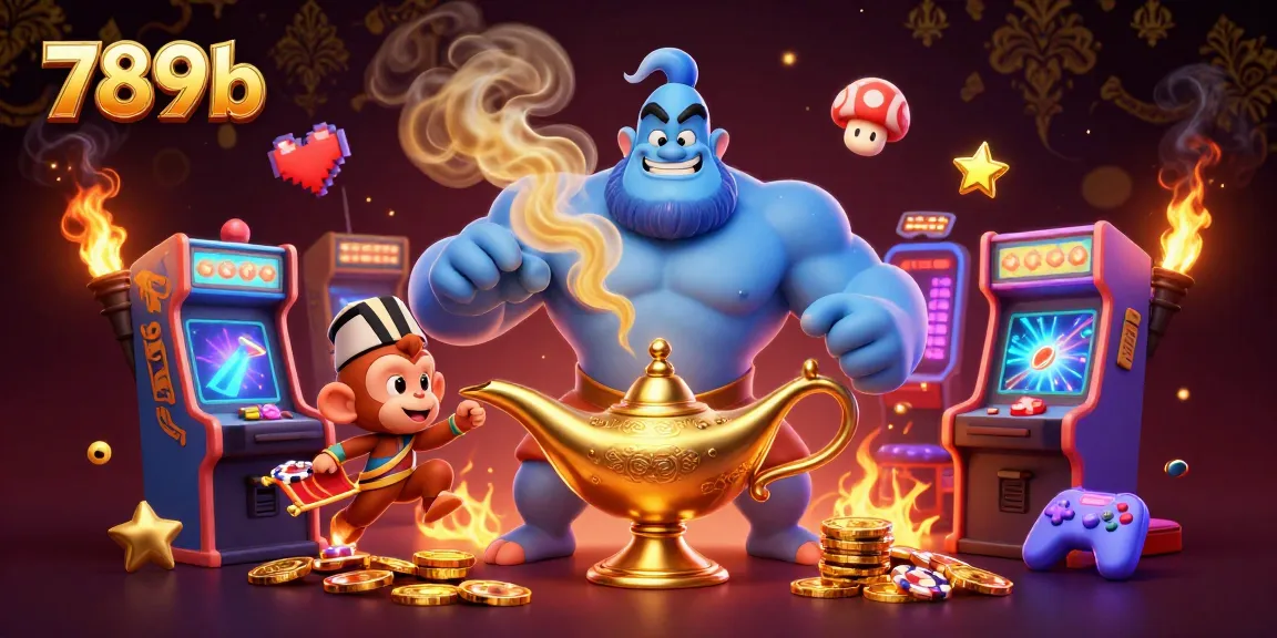 Engage with 789b's vibrant gaming world featuring a genie, monkey, and poker chips.