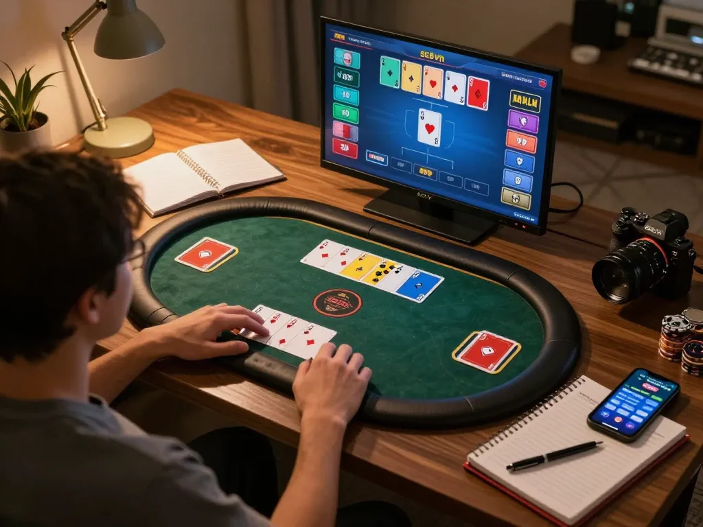 Players strategizing in an online poker game with sc88vn, showcasing a cozy home setup.